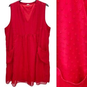 Jodifl Swiss Dot Sleeveless Dress Womens 2X Red V-Neck Pockets Lined Casual